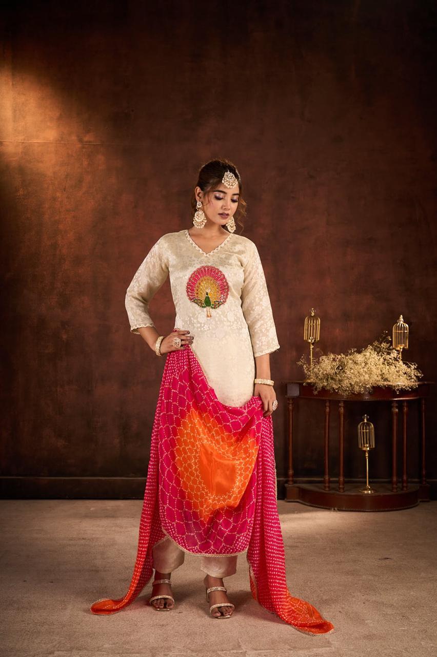 Cream Embellished Tissue Jacquard Silk Pant Set