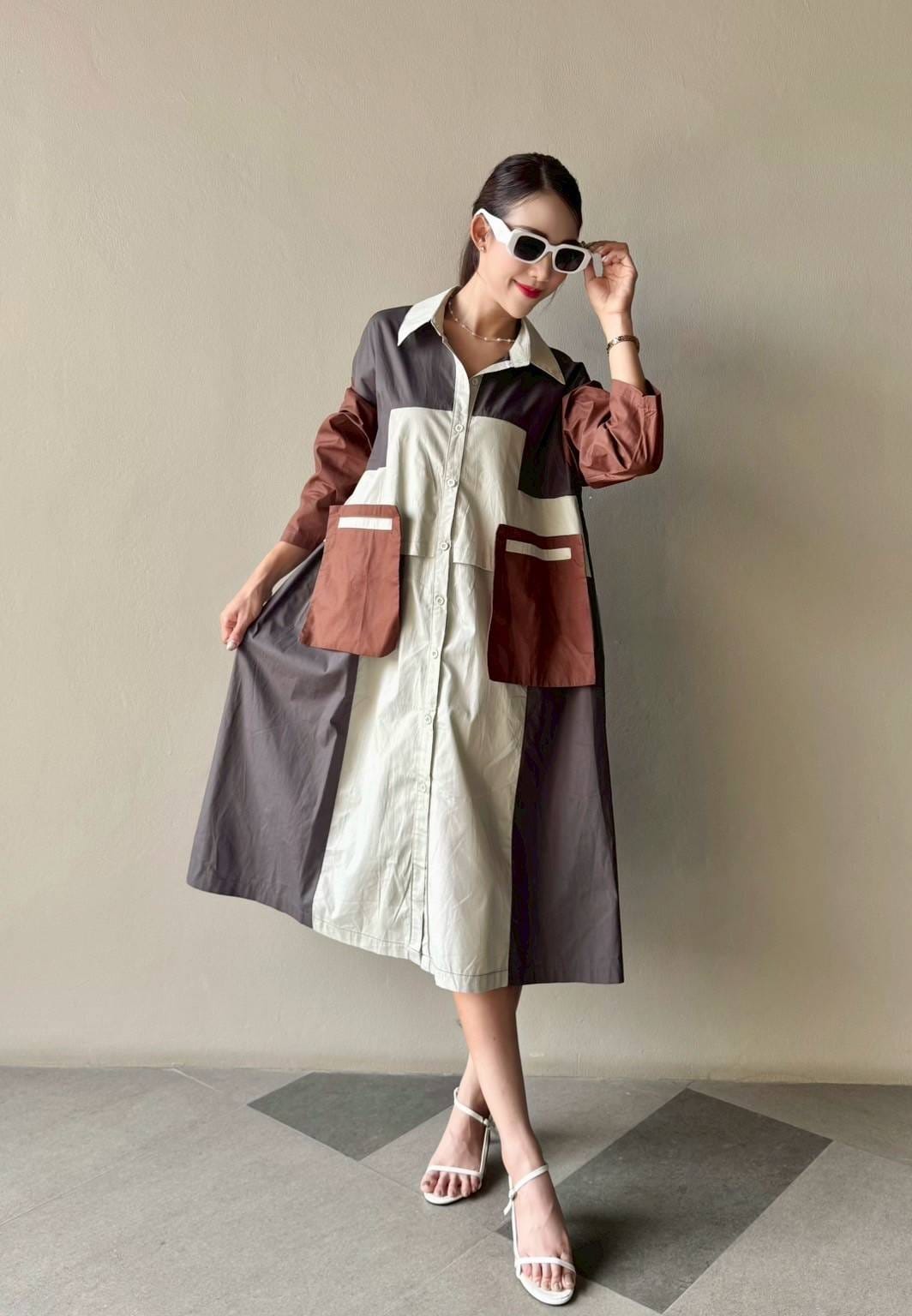 Off White Vertical Panel Color Blocking Tunic Dress