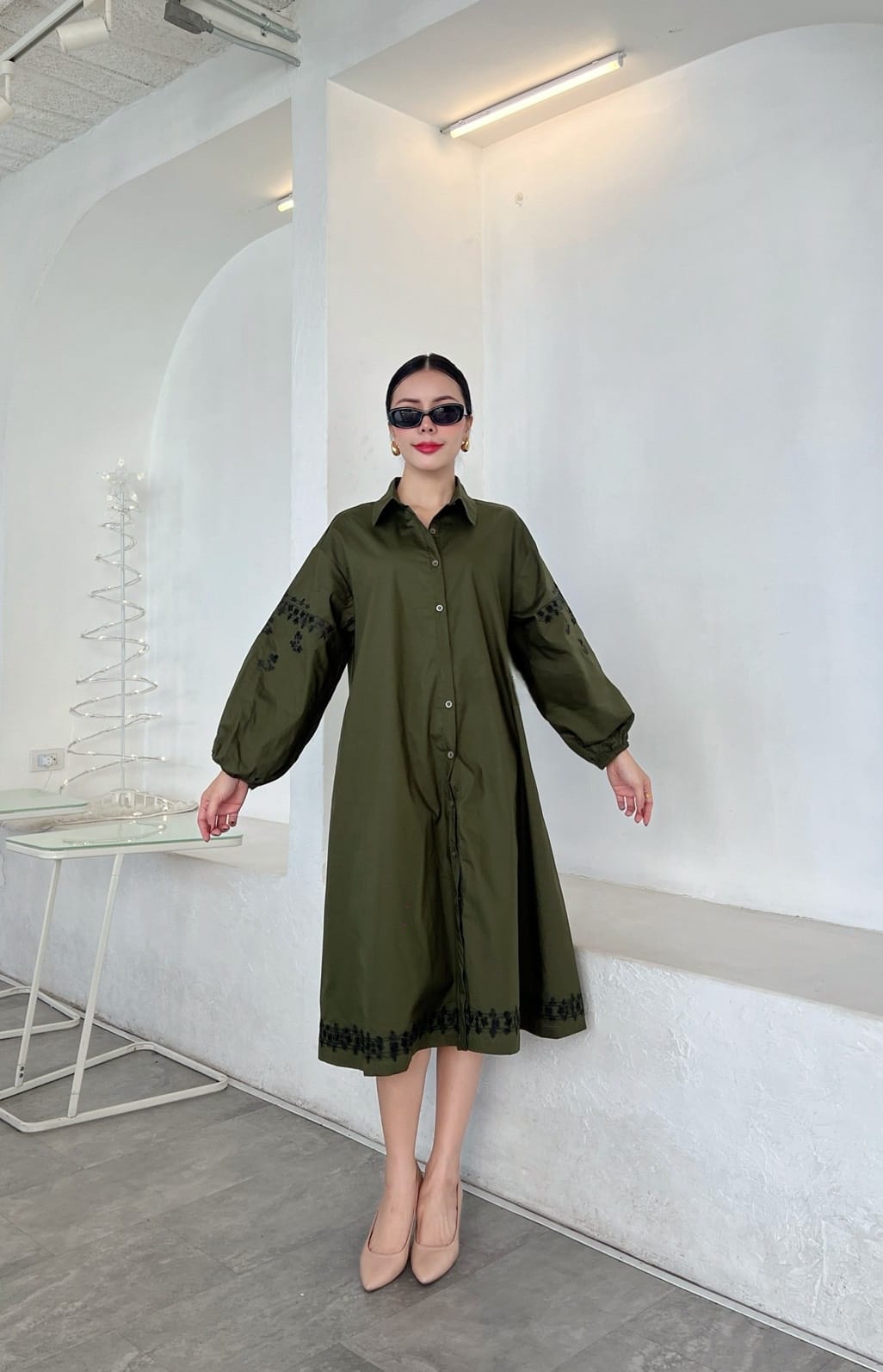 Olive Green Cotton Poplin Tunic Dress