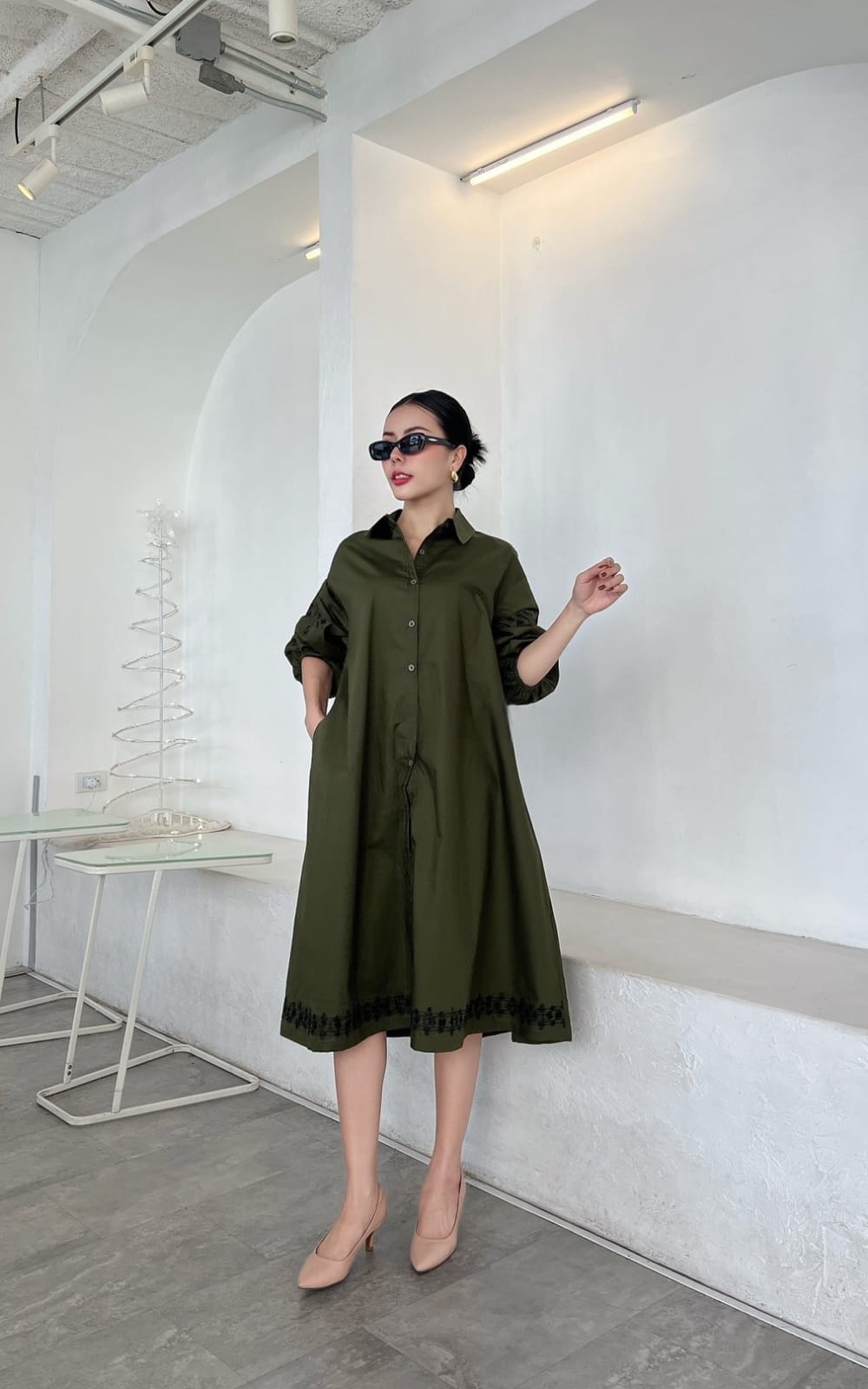 Olive Green Cotton Poplin Tunic Dress