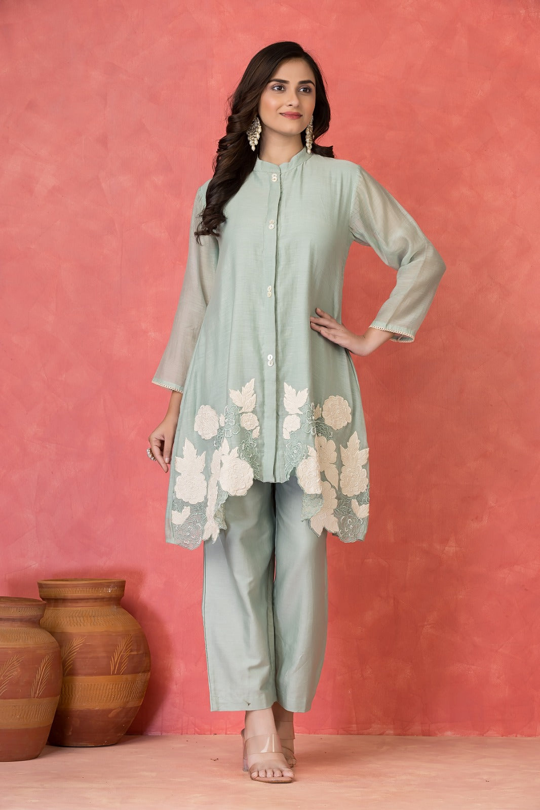 Pastel Green Embroidered Mulchanderi Co-Ord Set