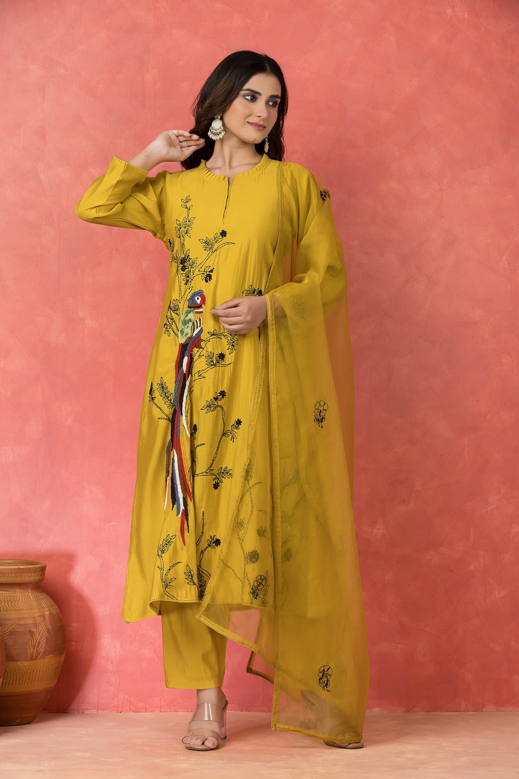 Mustard Yellow Embroidered Premium Silk Pant Set