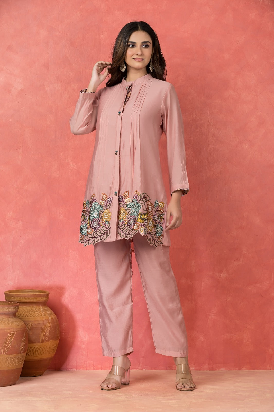 Muted Pink Embroidered Premium Silk Co-Ord Set