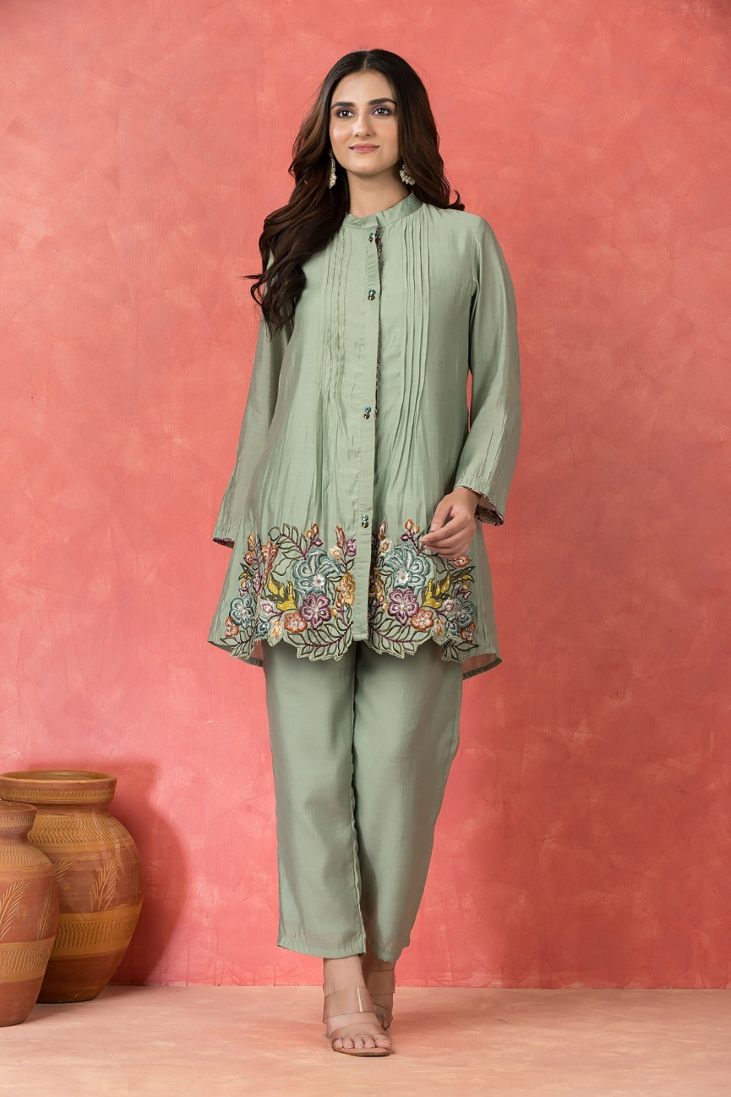Dusty Green Embroidered Premium Silk Co-Ord Set