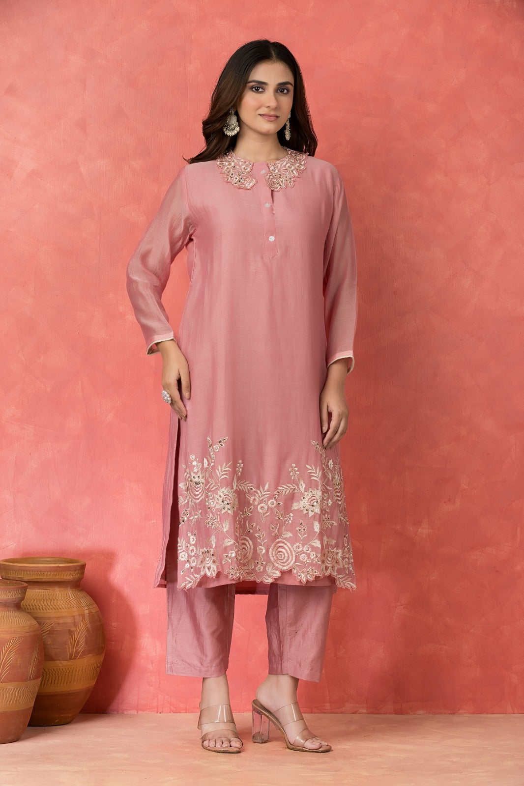 Dusty Rose Embroidered Mulchanderi Kurta Set