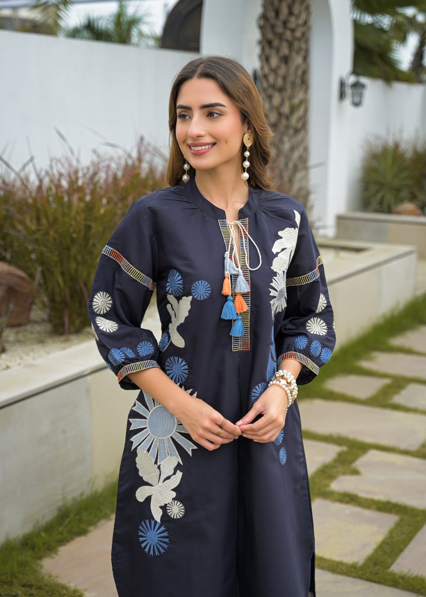 Blue Premium Silk Katha Handwork Co-Ord Set