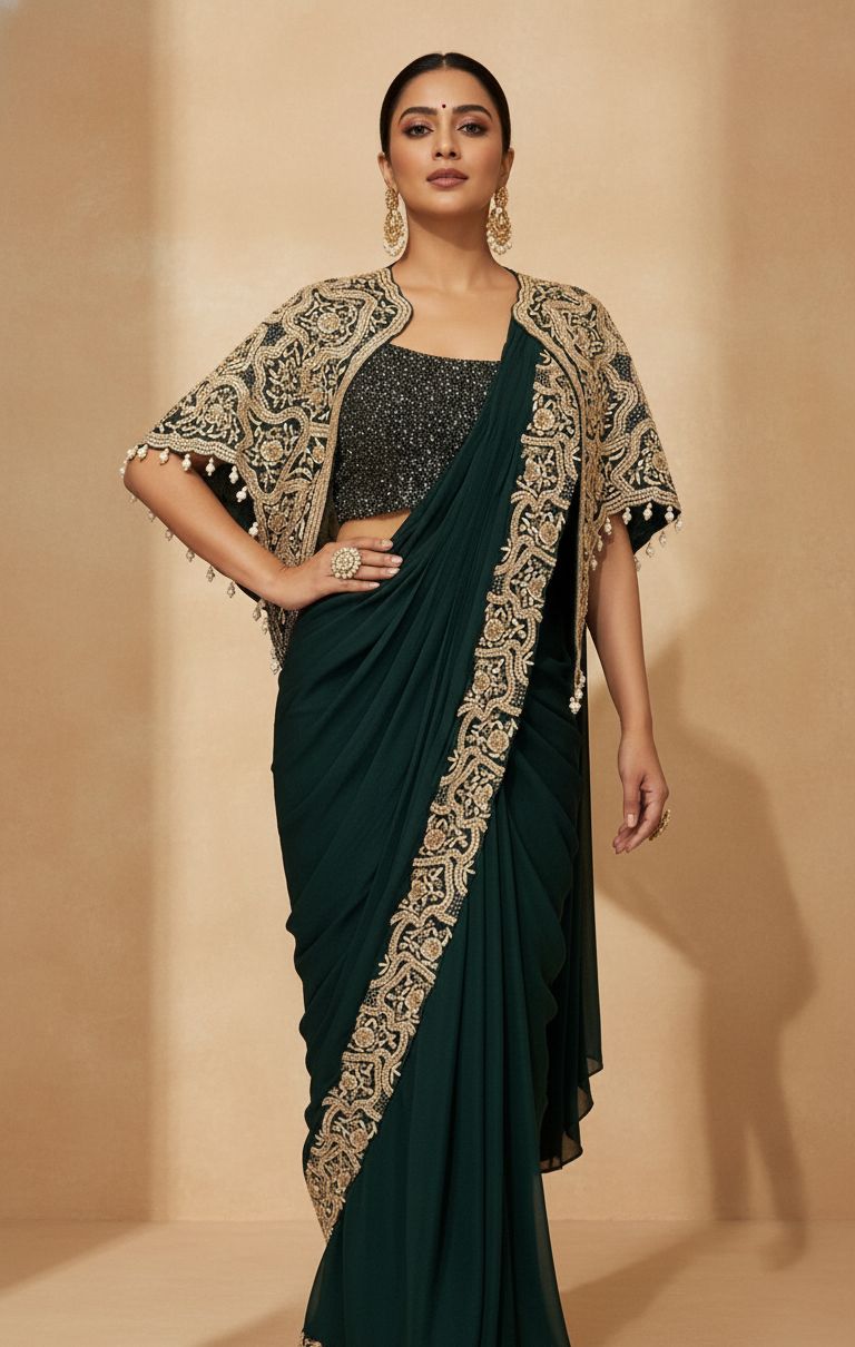 Bottle Green Embellished Georgette Silk Drape Saree