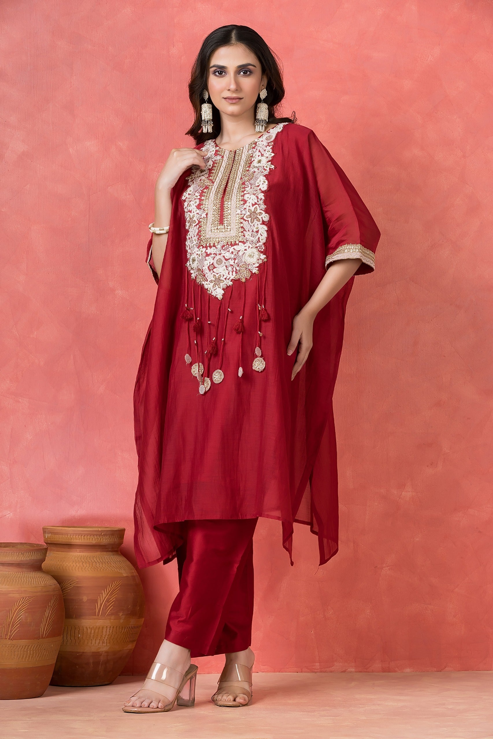Garnet Embellished Mul-Chanderi Kaftan Set
