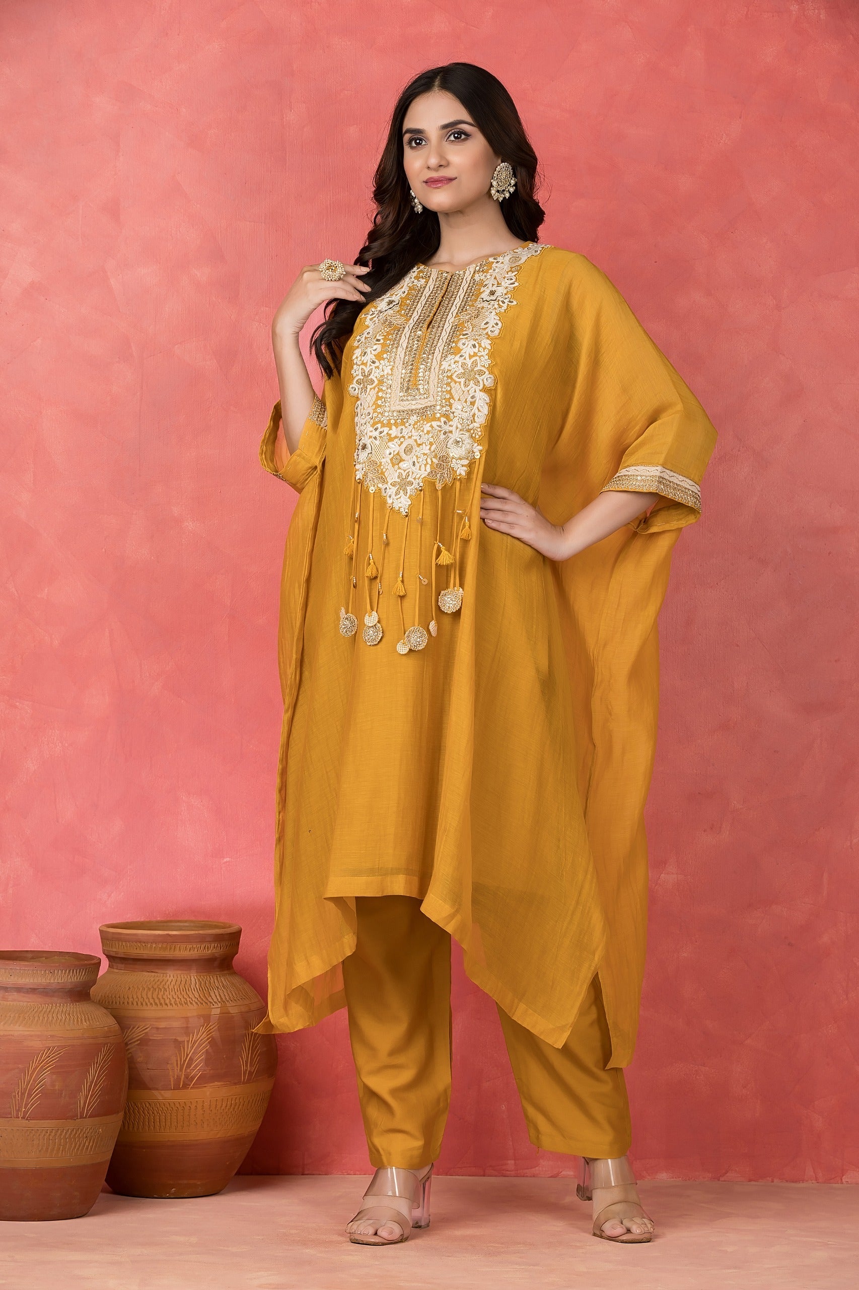 Amber Embellished Mul-Chanderi Kaftan Set