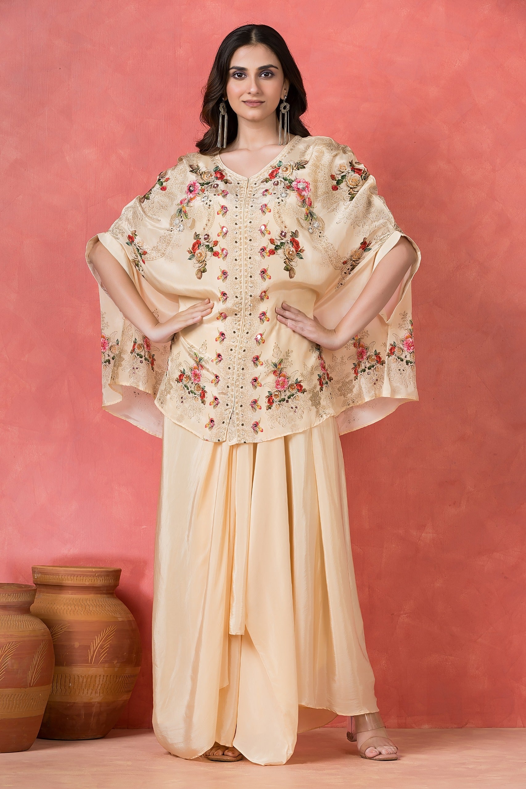 Cream Embellished Crepe Silk Skirt Set