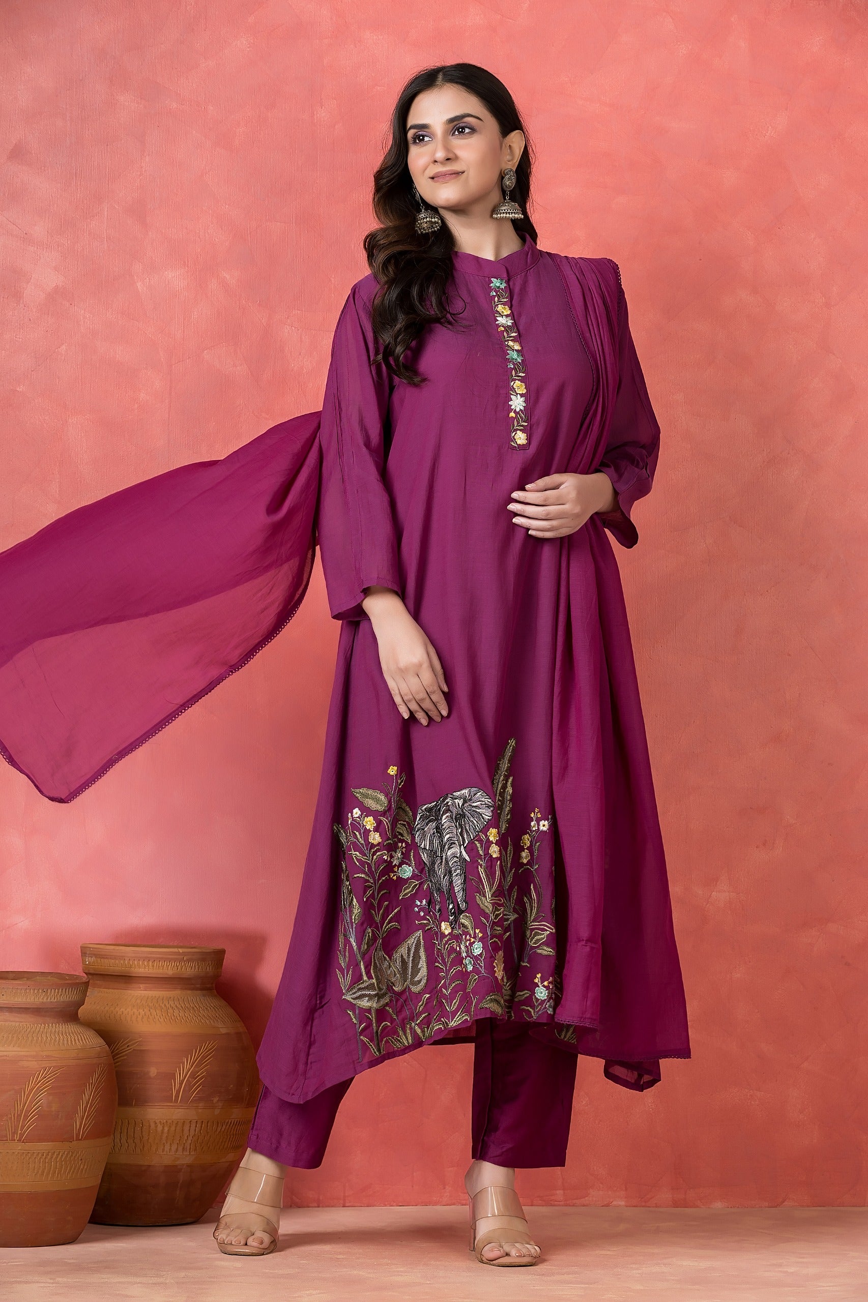 Deep Magenta Embellished Mul-Chanderi Silk Pant Set