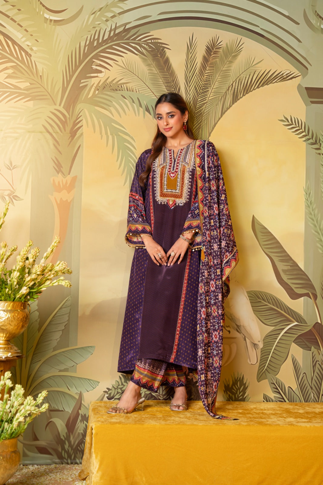 Plum Purple Embellished Muslin Crepe Silk Pant Set