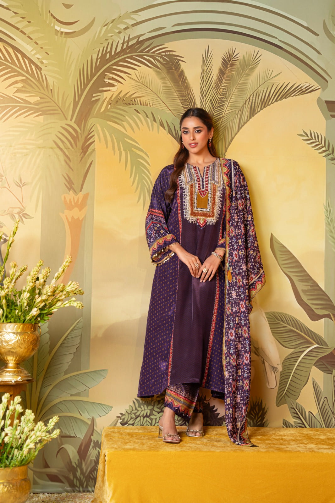 Plum Purple Embellished Muslin Crepe Silk Pant Set