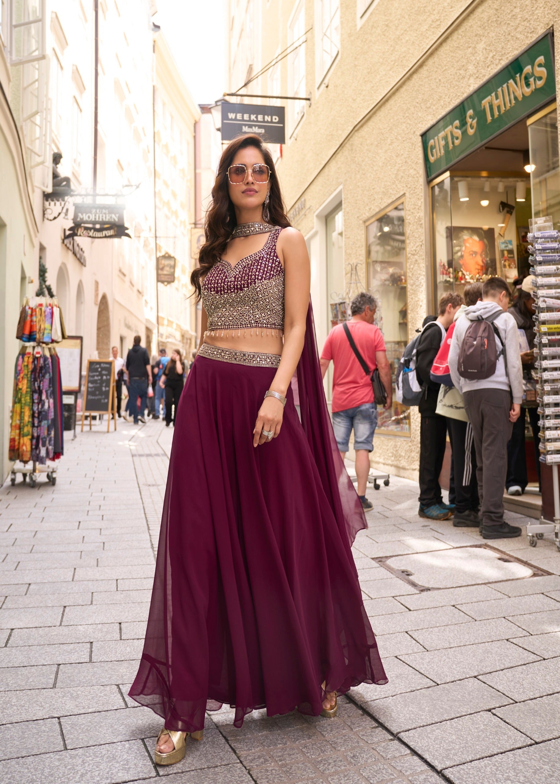 Deep Wine Embellished Georgette Silk Palazzo Set