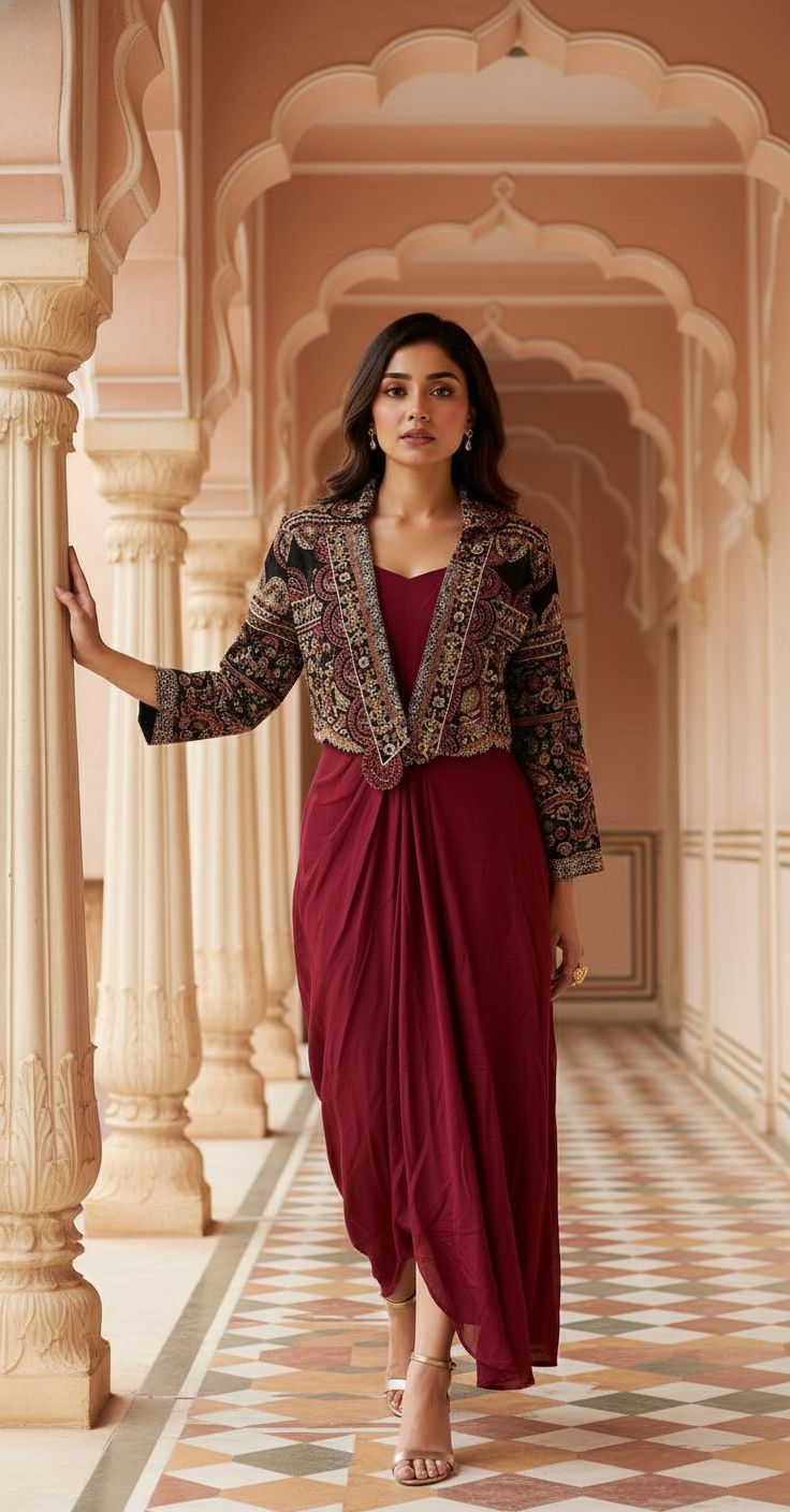 Rich Maroon Embellished Premium Silk Draped Jacket Dress XS / Premium Silk / Made to Order in 30-40 Days