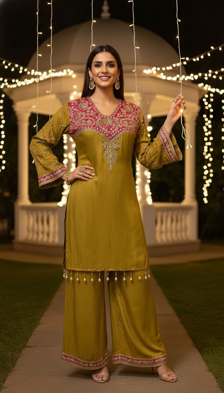 Gold Mustard Embroidered Premium Silk Kurta Set