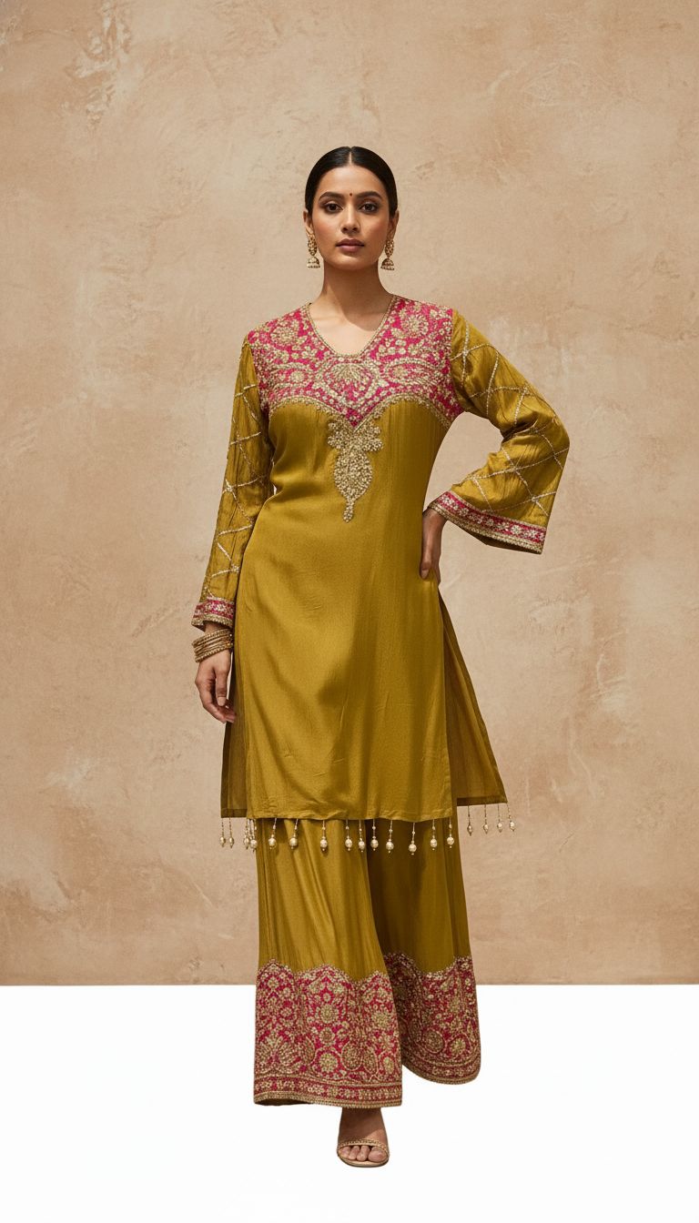 Gold Mustard Embroidered Premium Silk Kurta Set