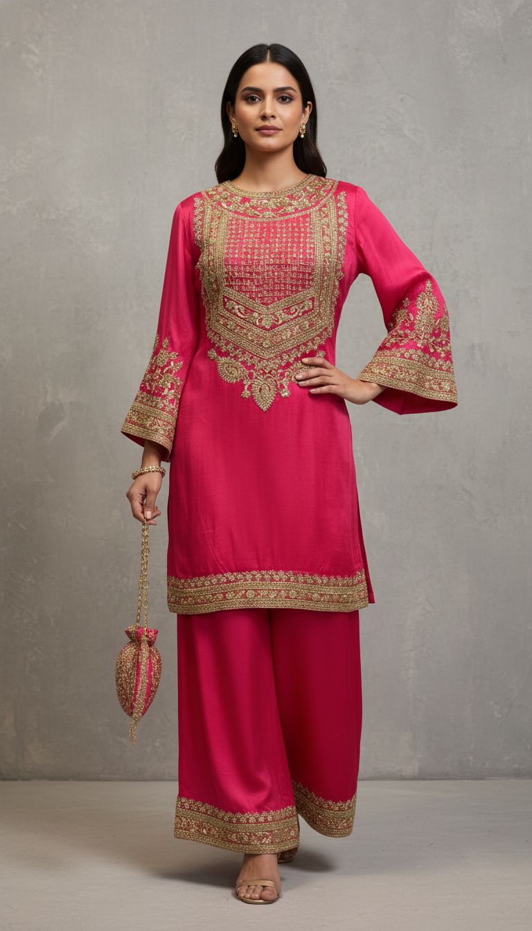 Fuchsia Embroidered Premium Silk Kurta Set