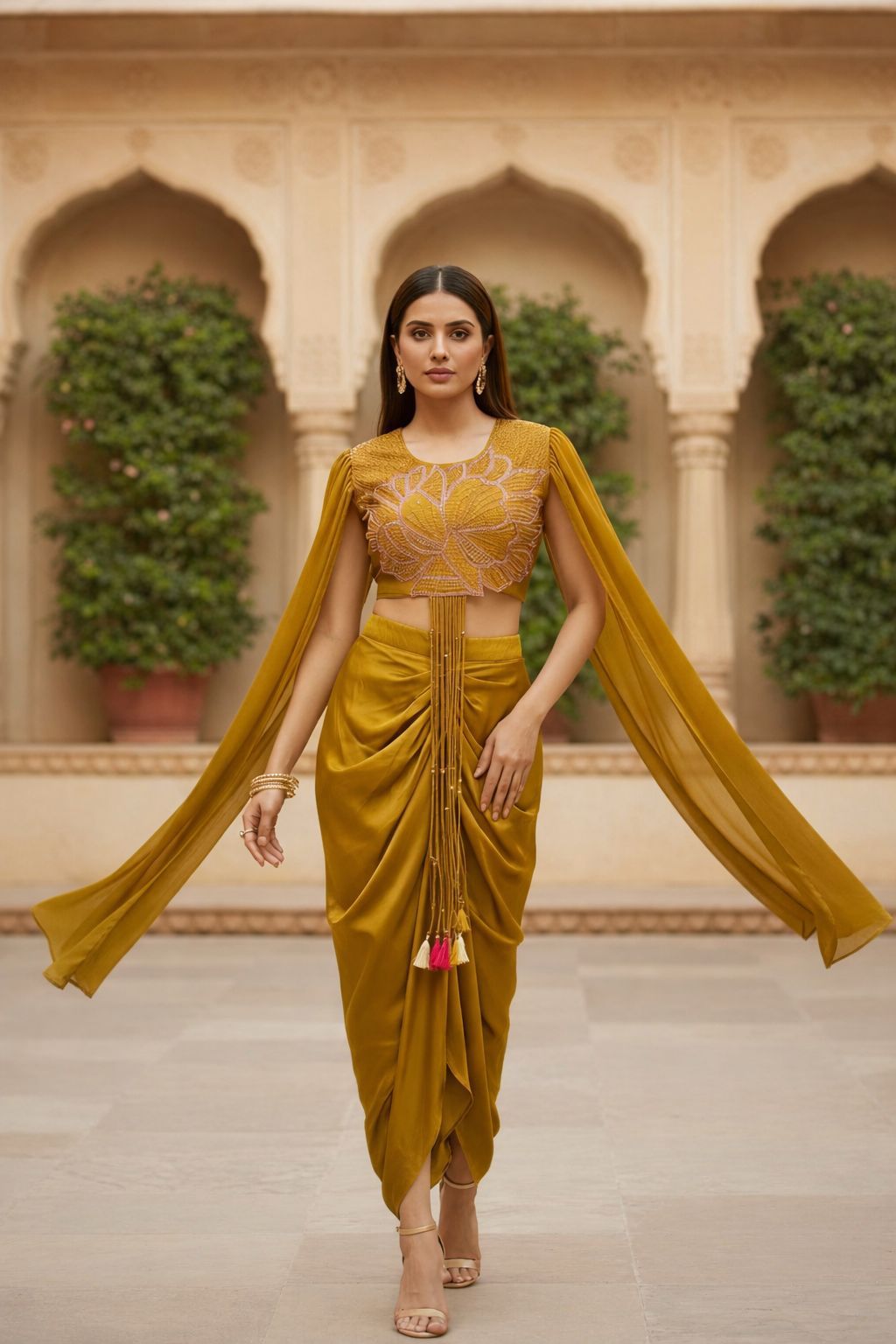 Mustard Yellow Embellished Premium Silk Draped Skirt Set