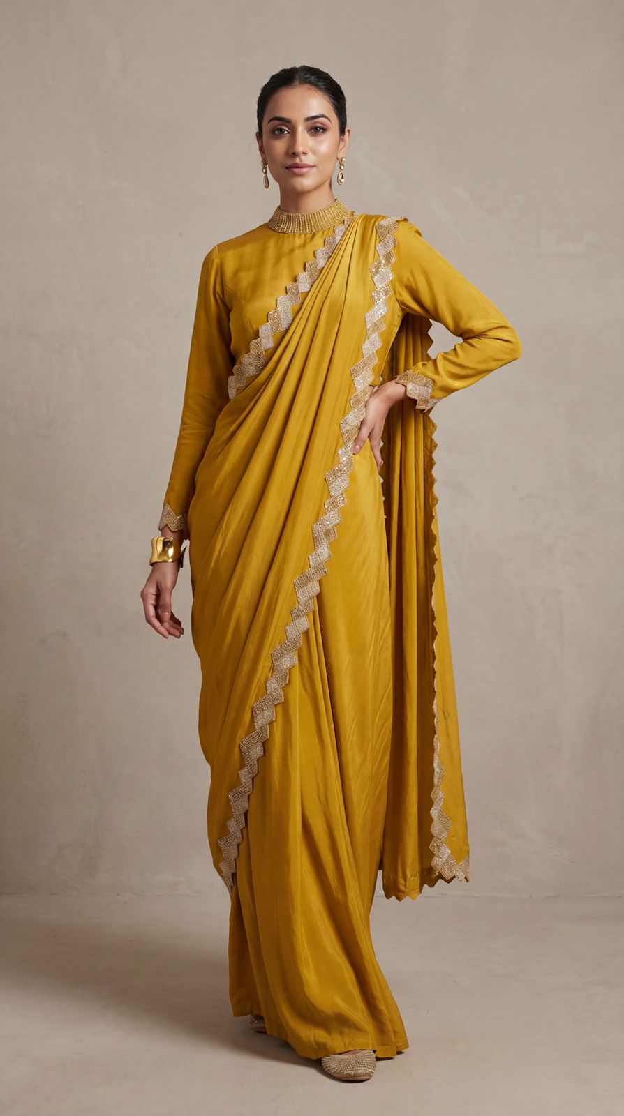Mustard Yellow Embellished Premium Crepe Draped Saree