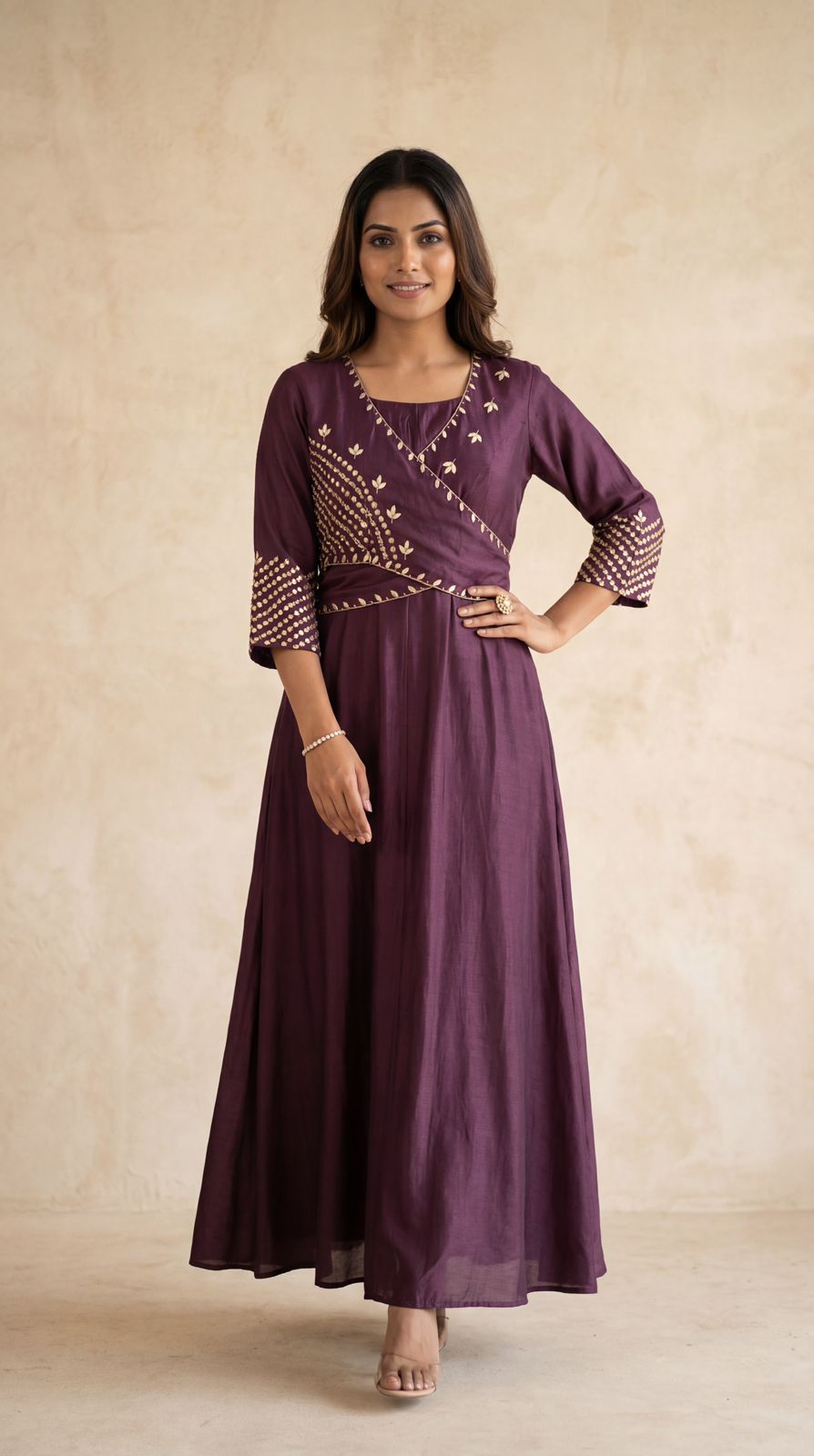 Royal Wine Embellished Dola Silk Dress