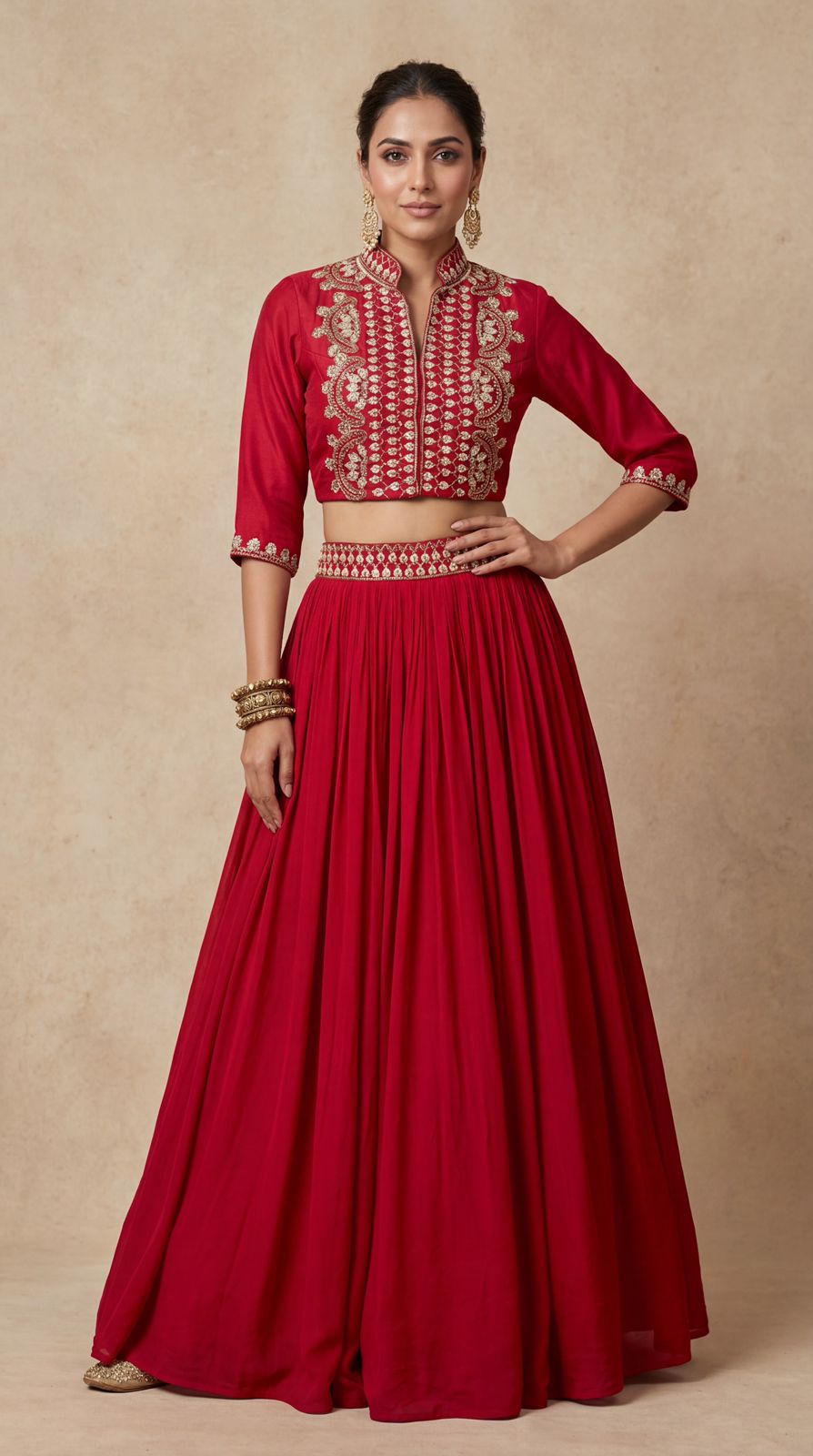 Bright Red Embellished Crepe Silk Skirt Set