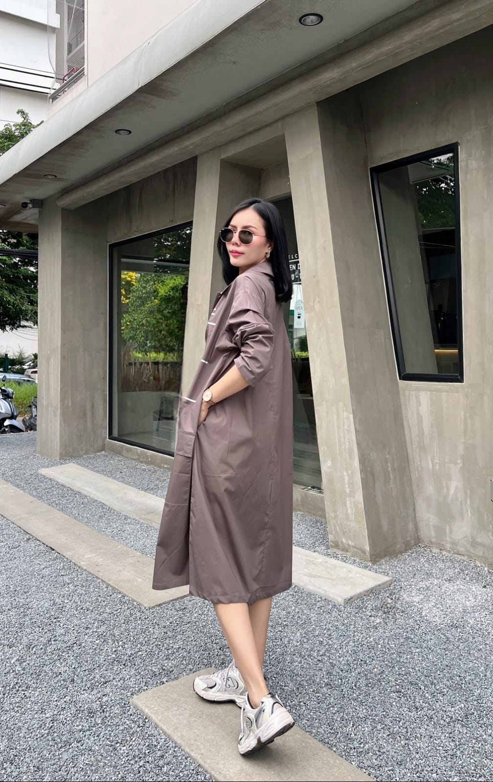 Mocha Grey Plastisol Printed Cotton Shirt Dress