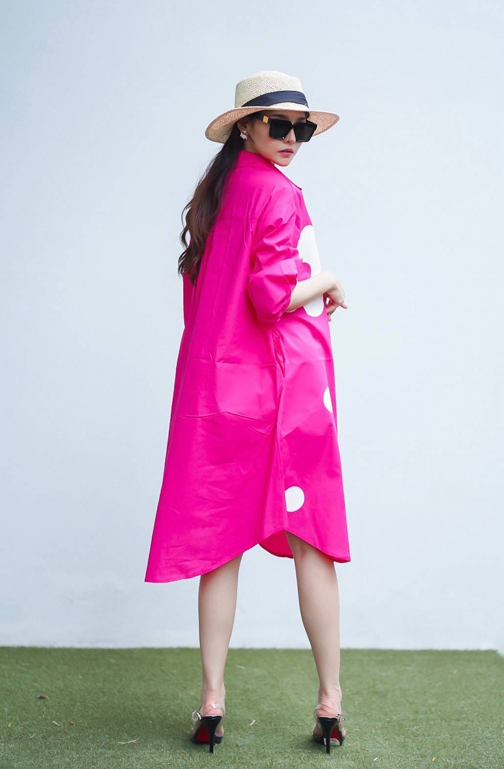 Bright Pink Plastisol Printed Cotton Shirt Dress