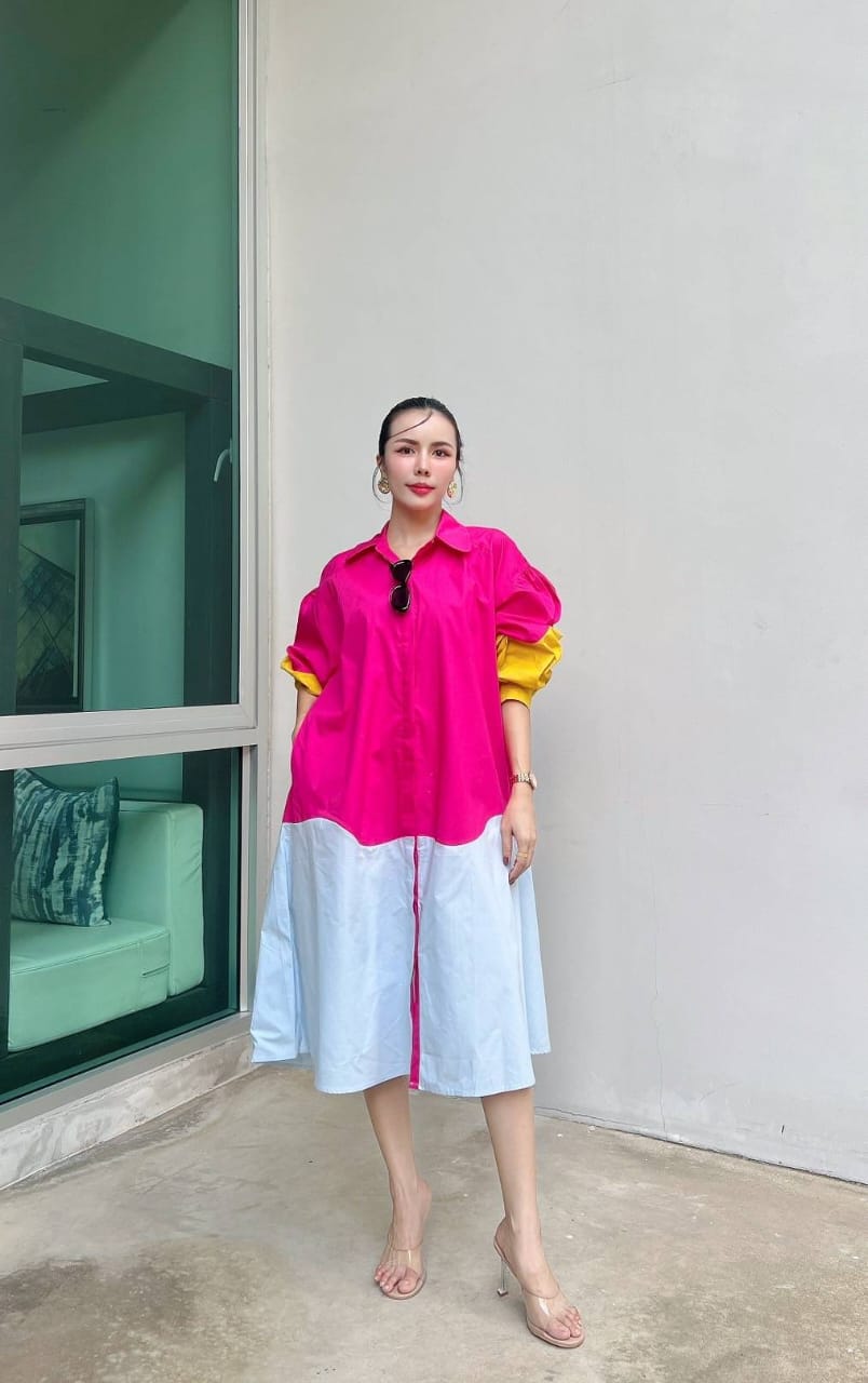 Bloom Pink Color Block Cotton Shirt Dress