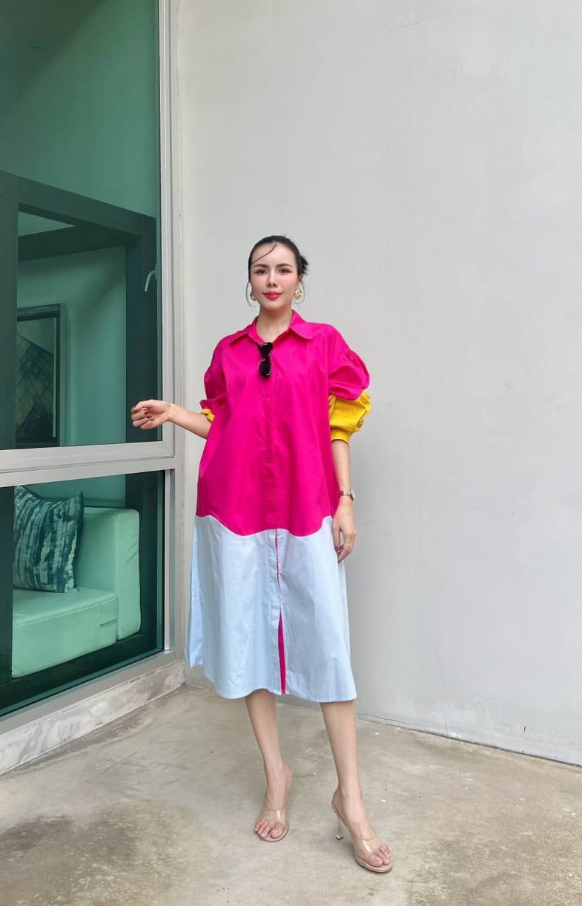 Bloom Pink Color Block Cotton Shirt Dress