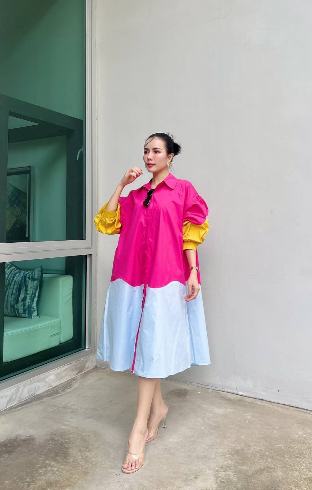 Bloom Pink Color Block Cotton Shirt Dress