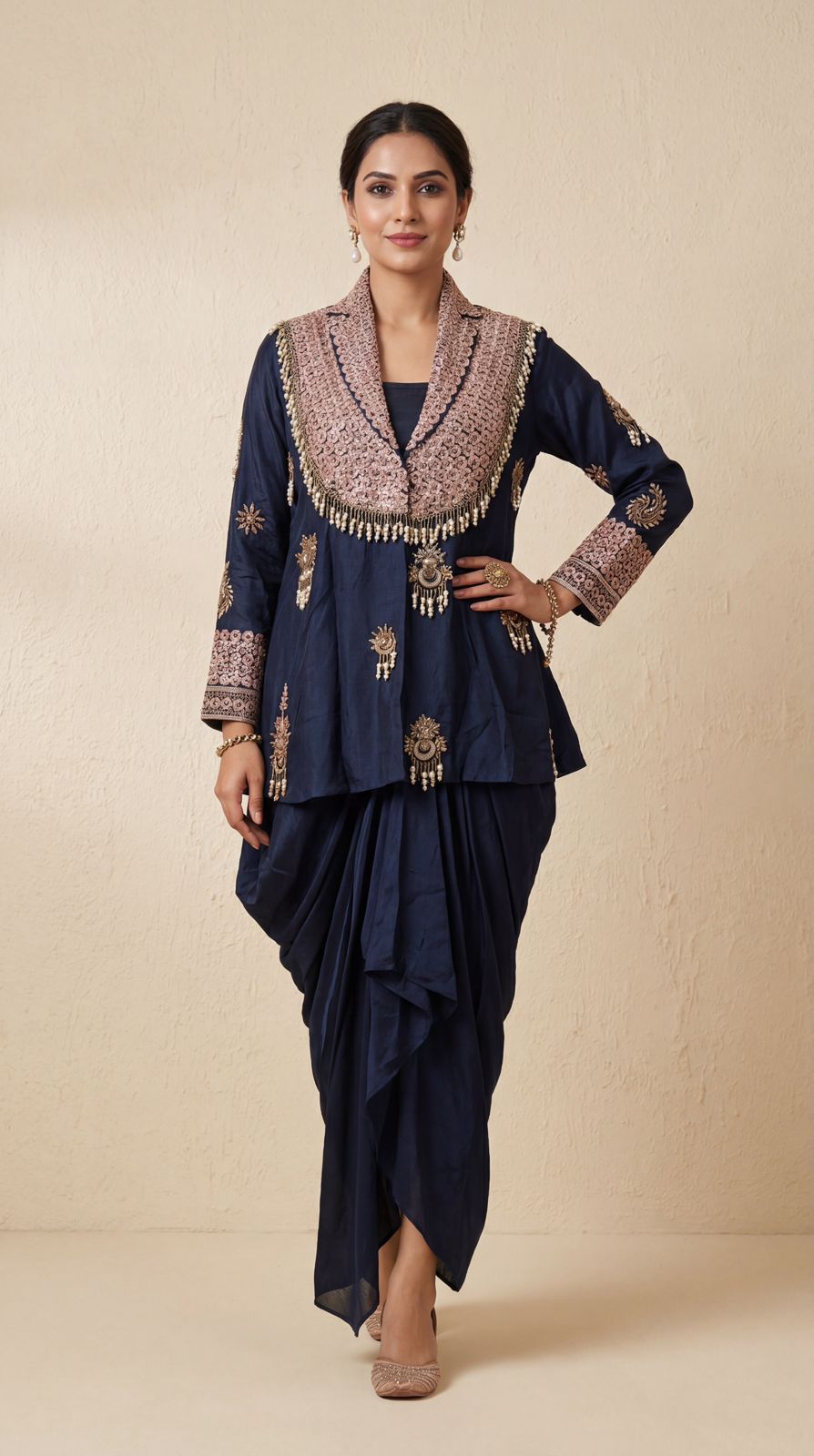 Dark Navy Blue Embellished Crepe Silk Skirt Set