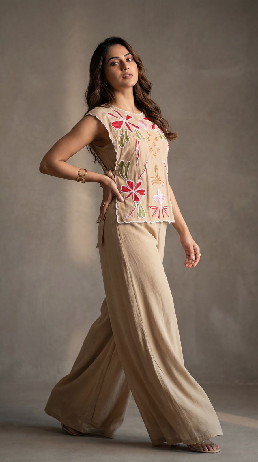 Sandstone Embroidered Crepe Silk Co-Ord Set