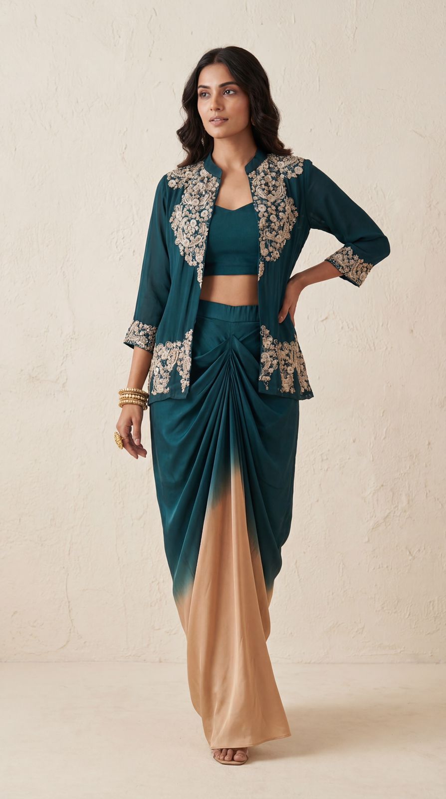 Deep Teal Embellished Crepe Silk Drape Skirt Set