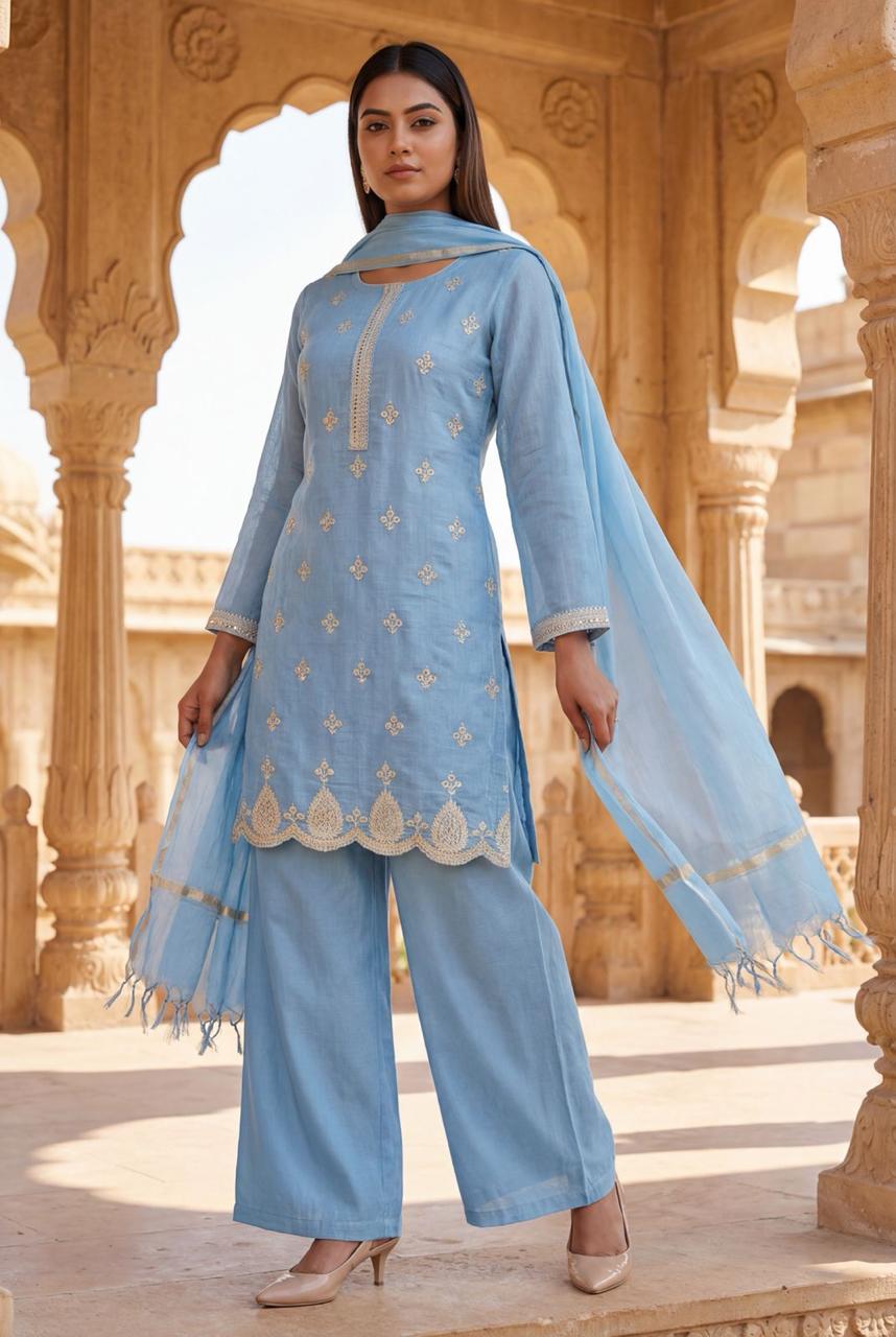 Sky Blue Embroidered Mul Chanderi Pant Set