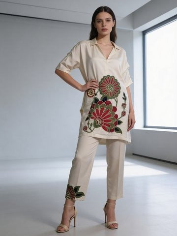 Beige Embroidered Raw Silk Co-Ord Set
