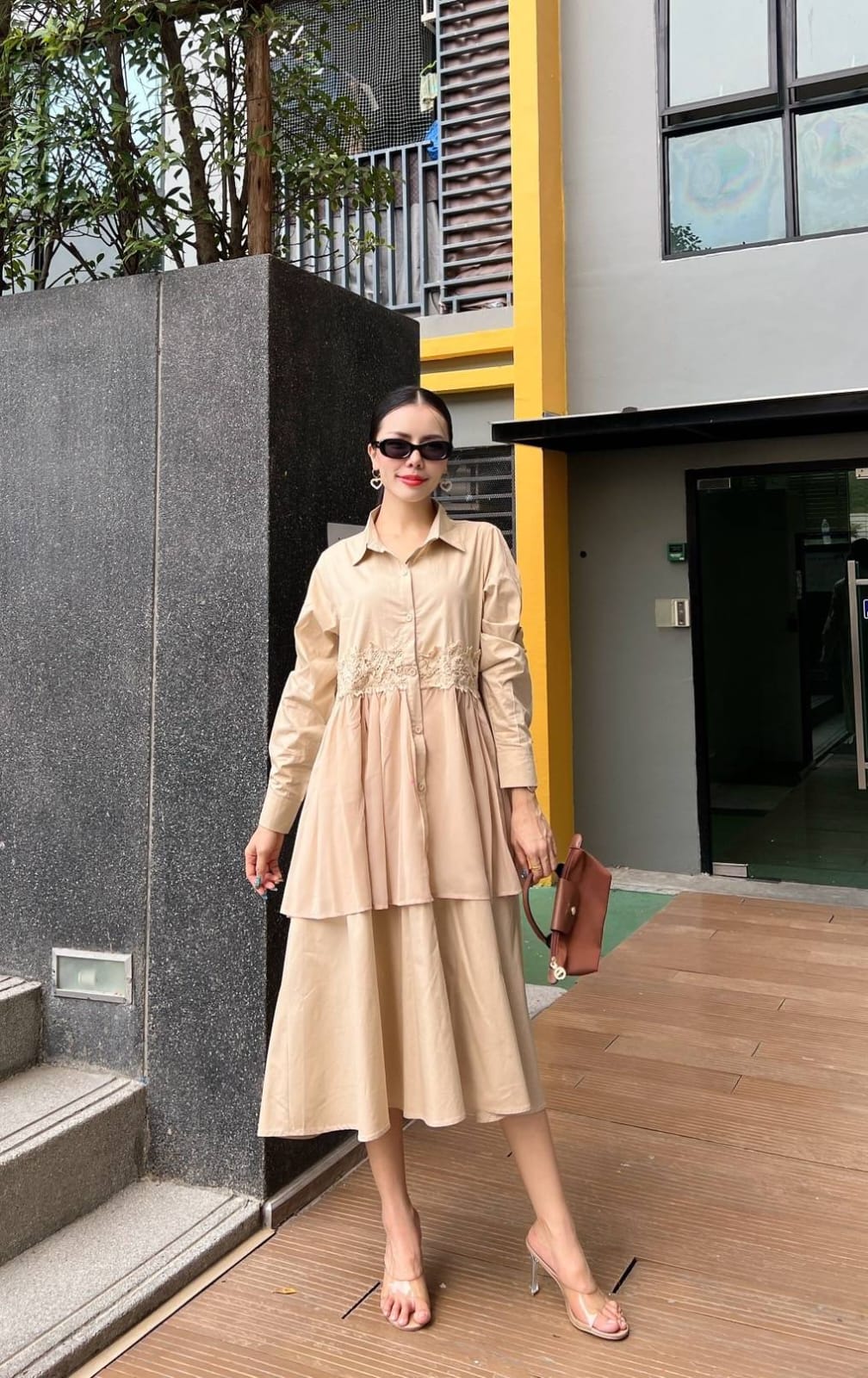 Beige Embroidered Two-Tier Cotton Shirt Dress