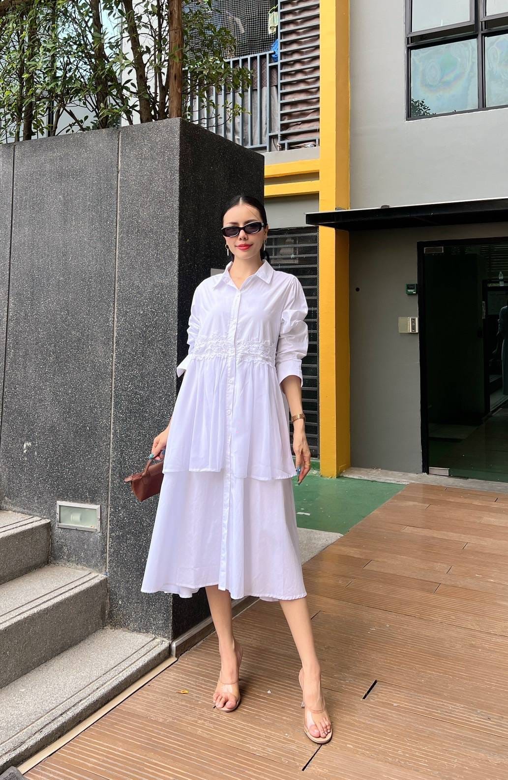 White Embroidered Two-Tier Cotton Shirt Dress