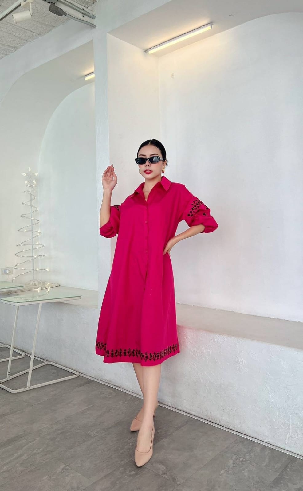 Magenta Pink Printed Pure Cotton Shirt Dress