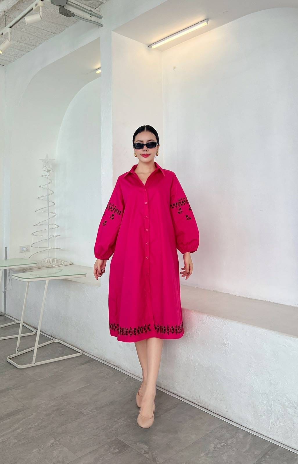 Magenta Pink Printed Pure Cotton Shirt Dress