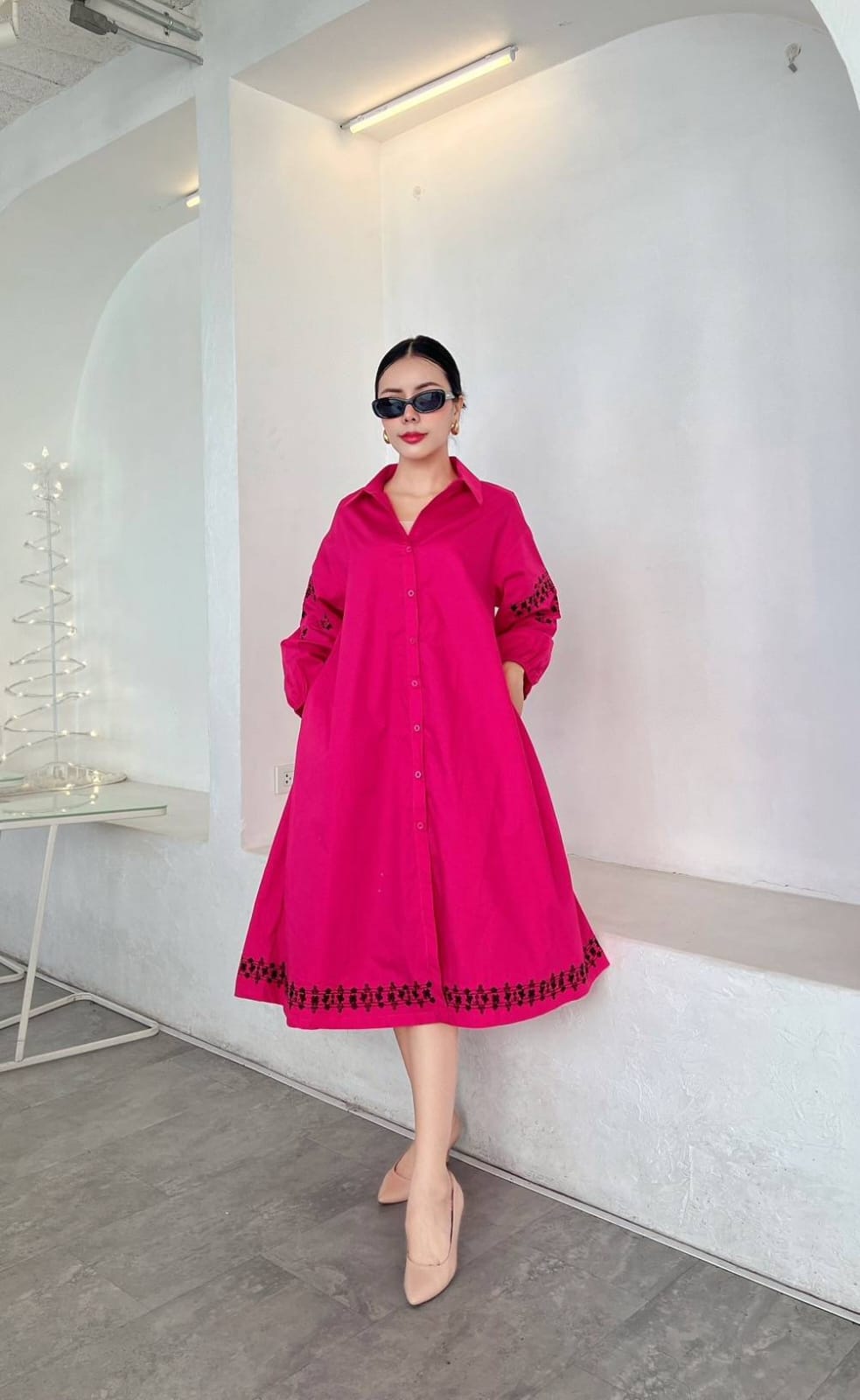 Magenta Pink Printed Pure Cotton Shirt Dress