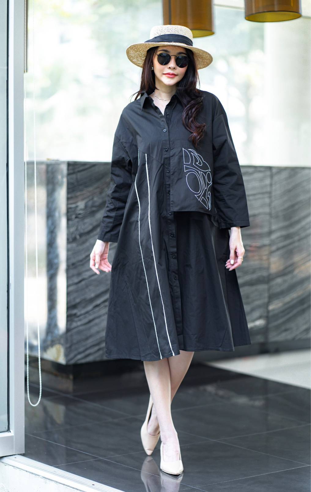 Black Line Art Printed Cotton Midi Dress