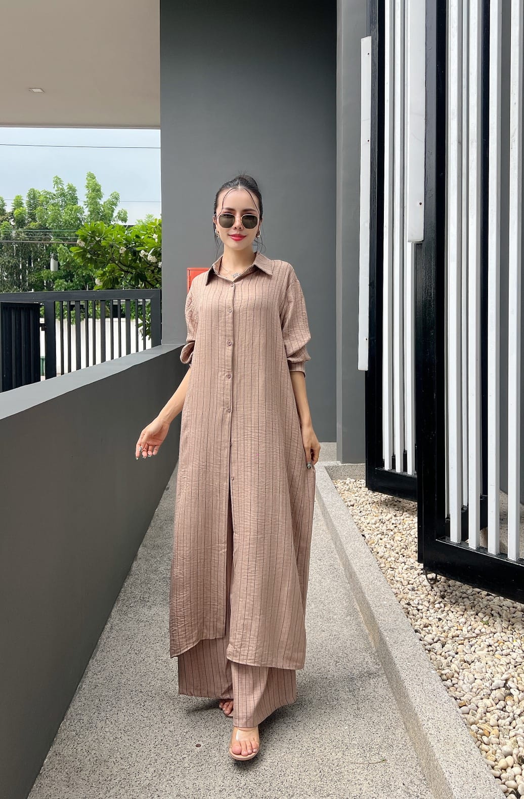 Taupe Beige Printed Cotton Longline Co-ord Set