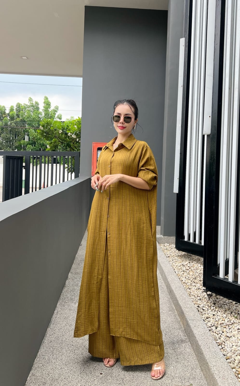 Mustard Yellow Printed Cotton Longline Co-ord Set