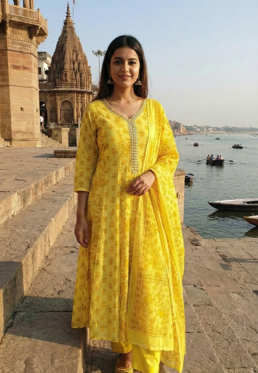 Canary Yellow Floral Printed Cotton Pant Set