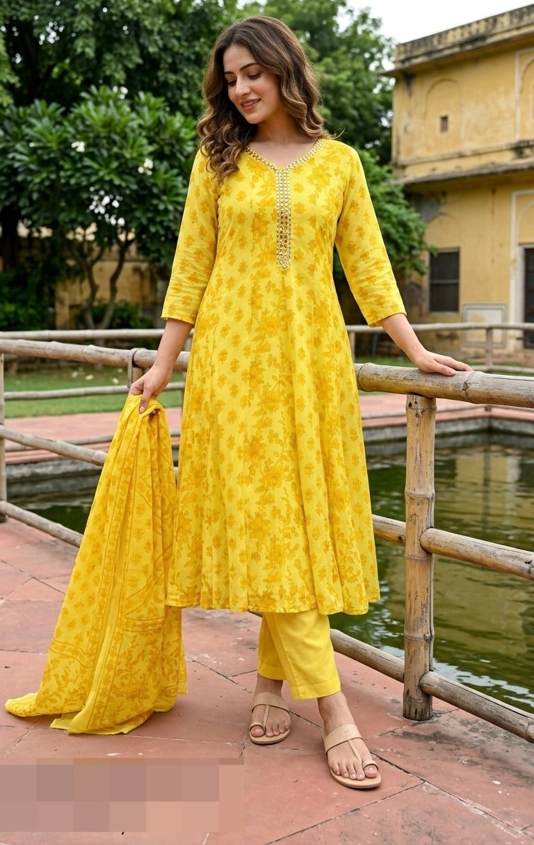 Canary Yellow Floral Printed Cotton Pant Set