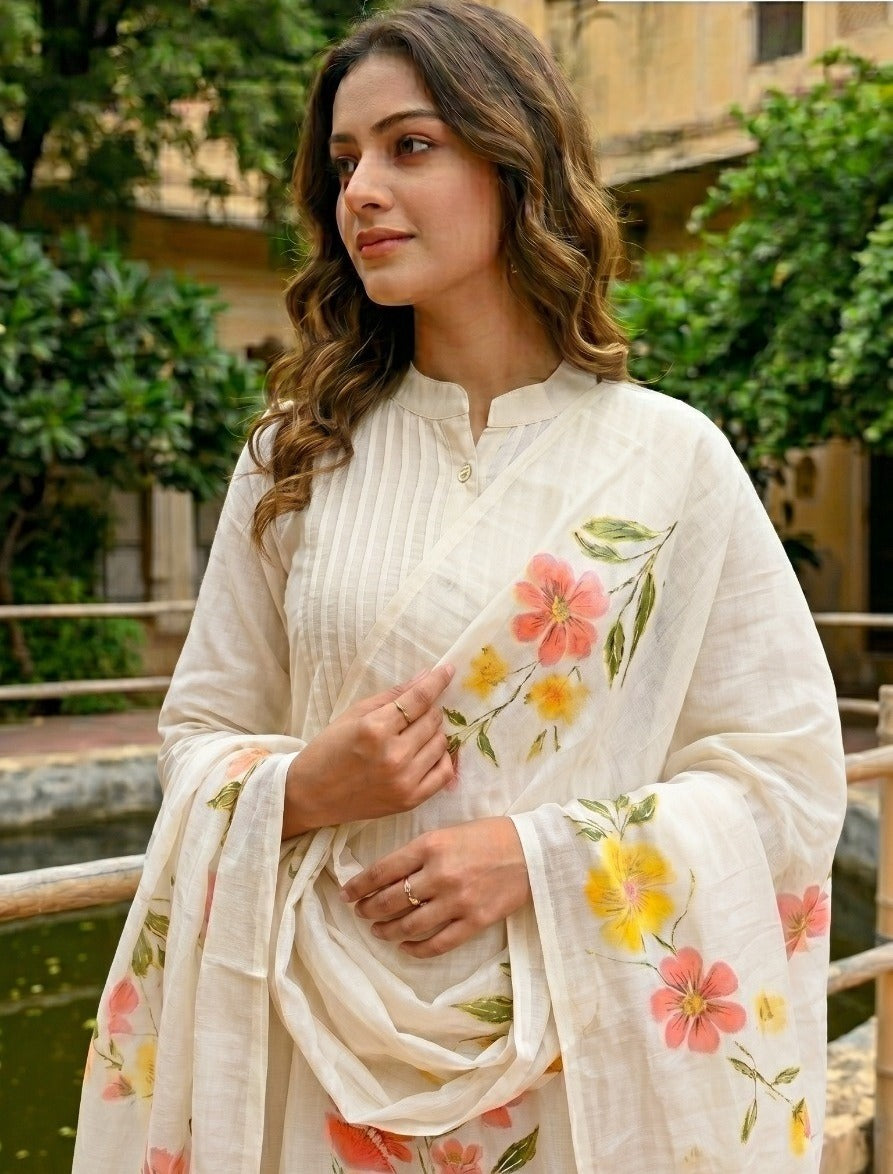 Ivory Printed Soft Organza Silk Anarkali Set