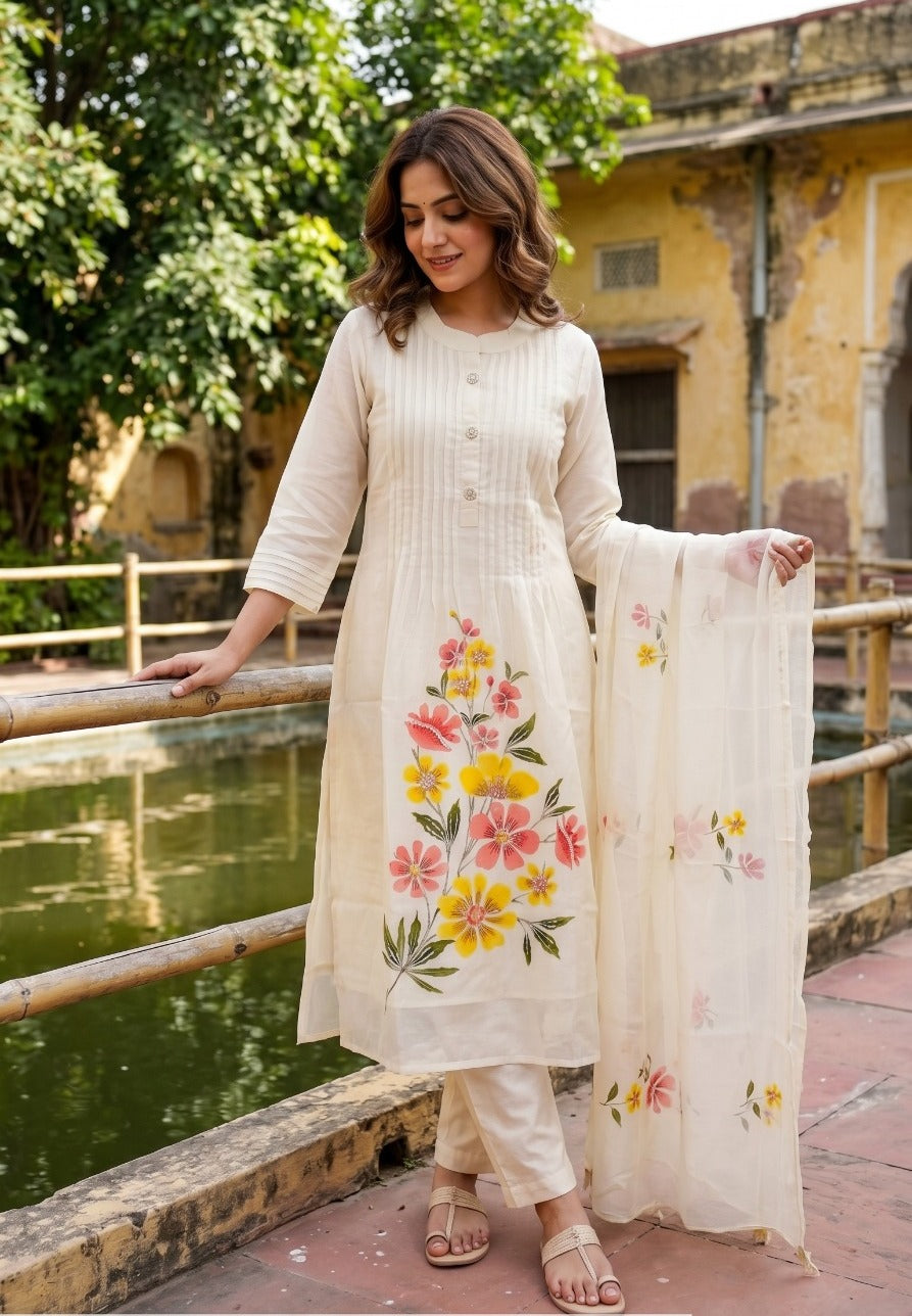 Ivory Printed Soft Organza Silk Anarkali Set