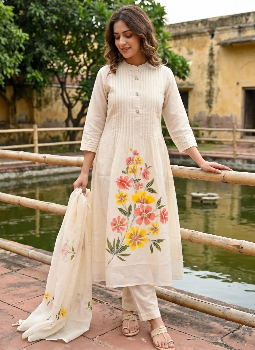 Ivory Printed Soft Organza Silk Anarkali Set