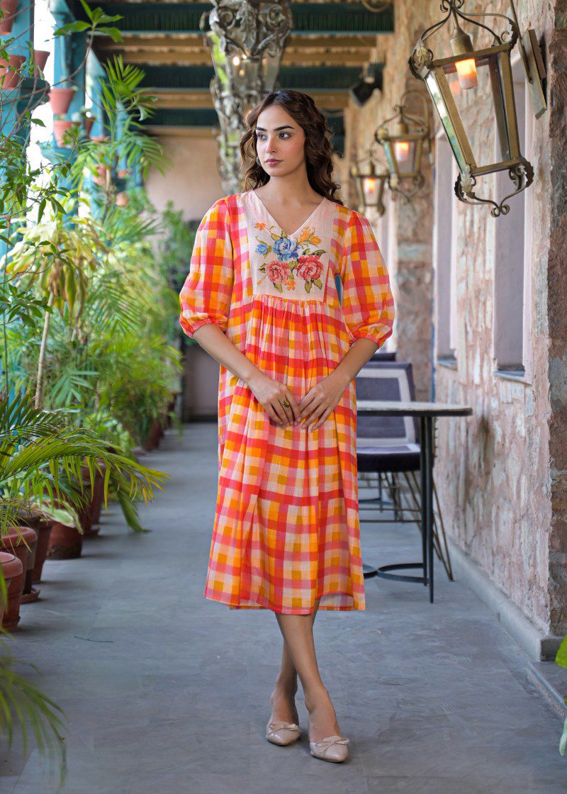 The Citrus Sunset Gingham Floral Cotton Dress